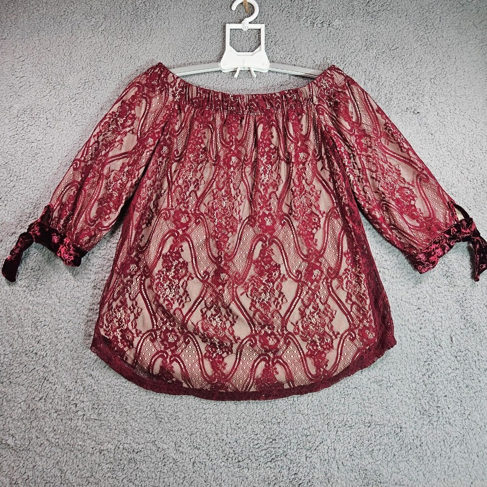 PerSeption Concept Top Blouse Womens Large Off Shoulder Lace Overlay Maroon - L